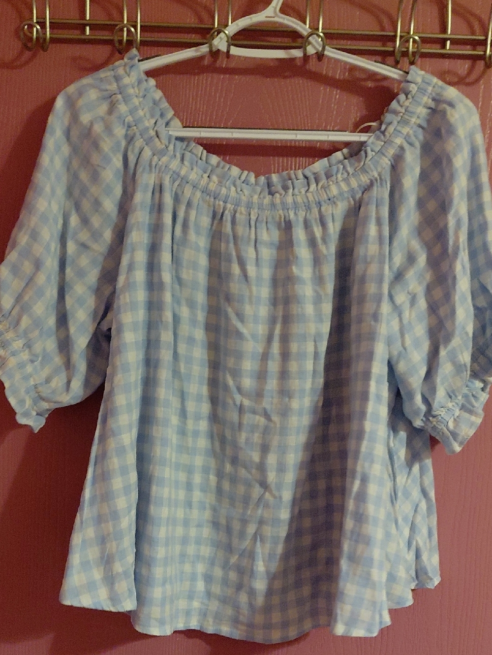 crown & ivy Light Blue Gingham Off-Shoulder Peasant Top